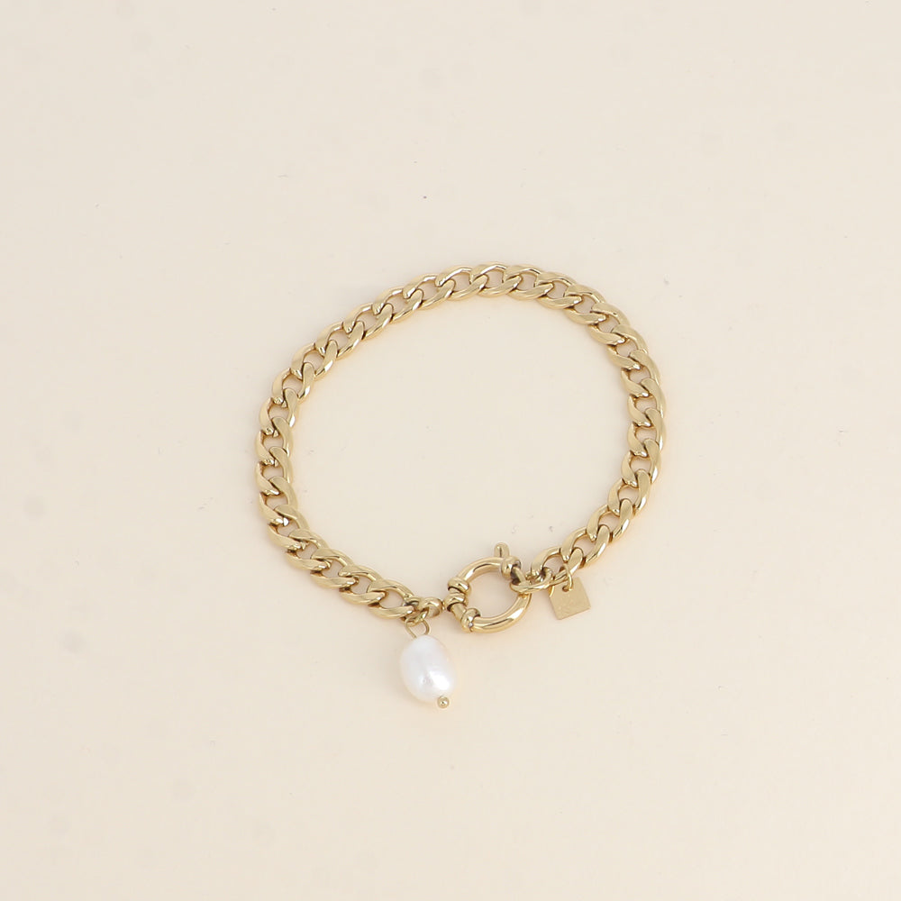 Bracelet - maille gourmette, fermoir bouée, perle d'eau douce 19 cm