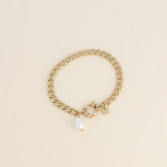 Bracelet - maille gourmette, fermoir bouée, perle d'eau douce 19 cm