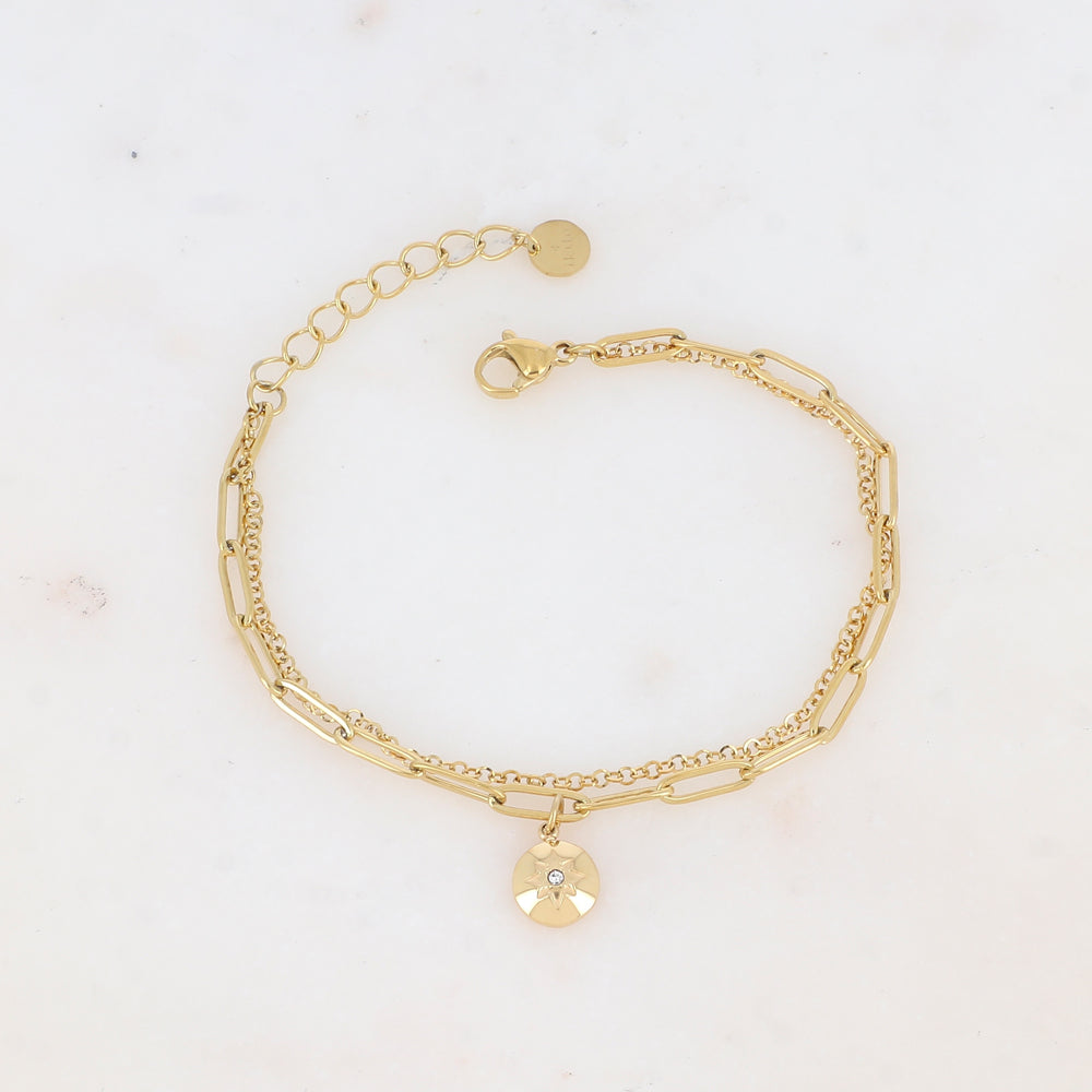 Bracelet 2 rangs avec maille, pendentif rond avec motif étoile strassé