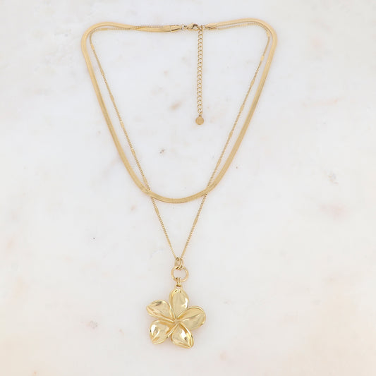 Collier 2 rangs avec maille avec pendentif forme fleur (40/48+7CM)