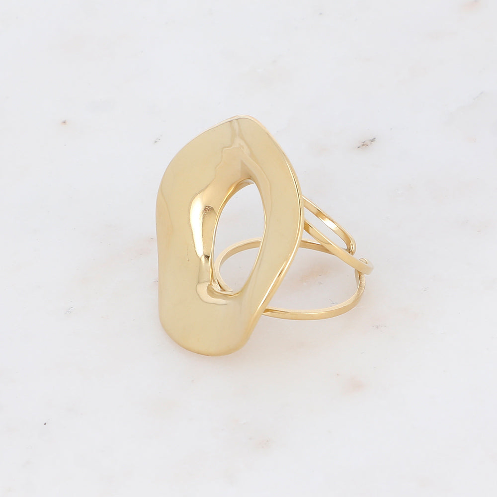 Bague 2 rangs avec pièce géométrique ondulée, effet lisse