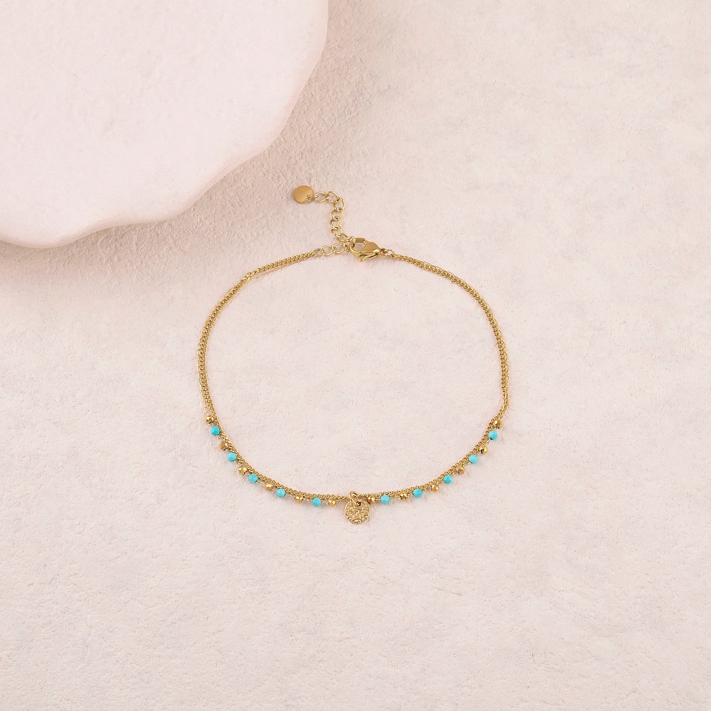 Chaine de cheville 2 rangs avec pampille ronde, pierres naturelles (22+3CM)