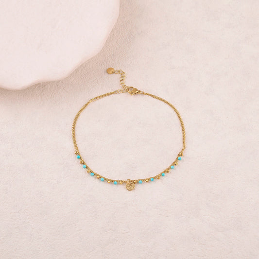 Chaine de cheville 2 rangs avec pampille ronde, pierres naturelles (22+3CM)