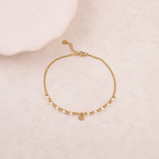 Chaine de cheville 2 rangs avec pampille ronde, perles d'eau douce (22+3CM)