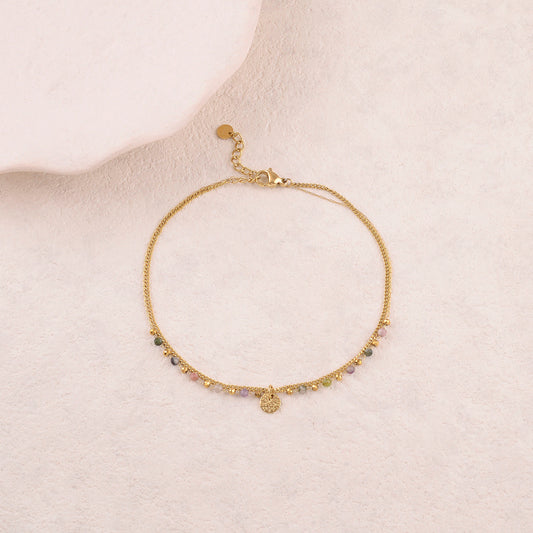 Chaine de cheville 2 rangs avec pampille ronde, pierres naturelles (22+3CM)5