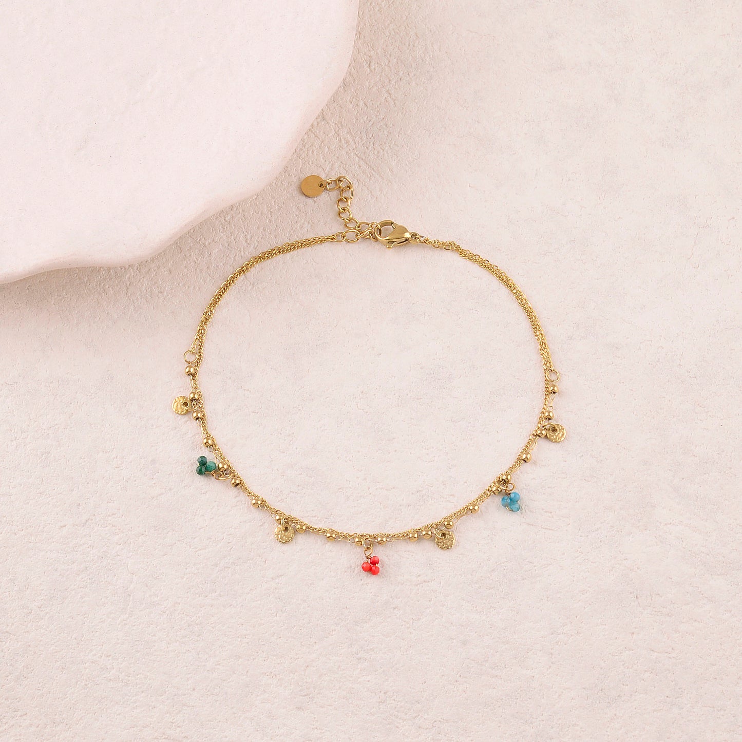 Chaine de cheville 2 rangs avec pampilles rondes, pierres naturelles (22+3CM)