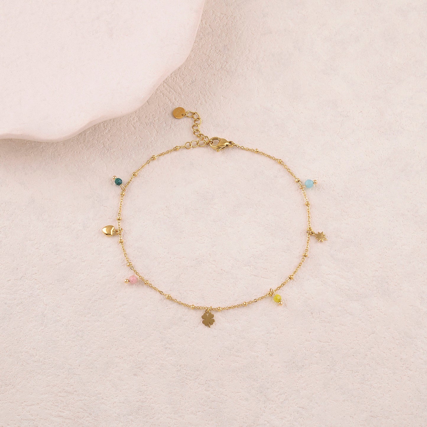 Chaine de cheville avec étoile, trèfle, cœur, pierres naturelles (22+3CM)