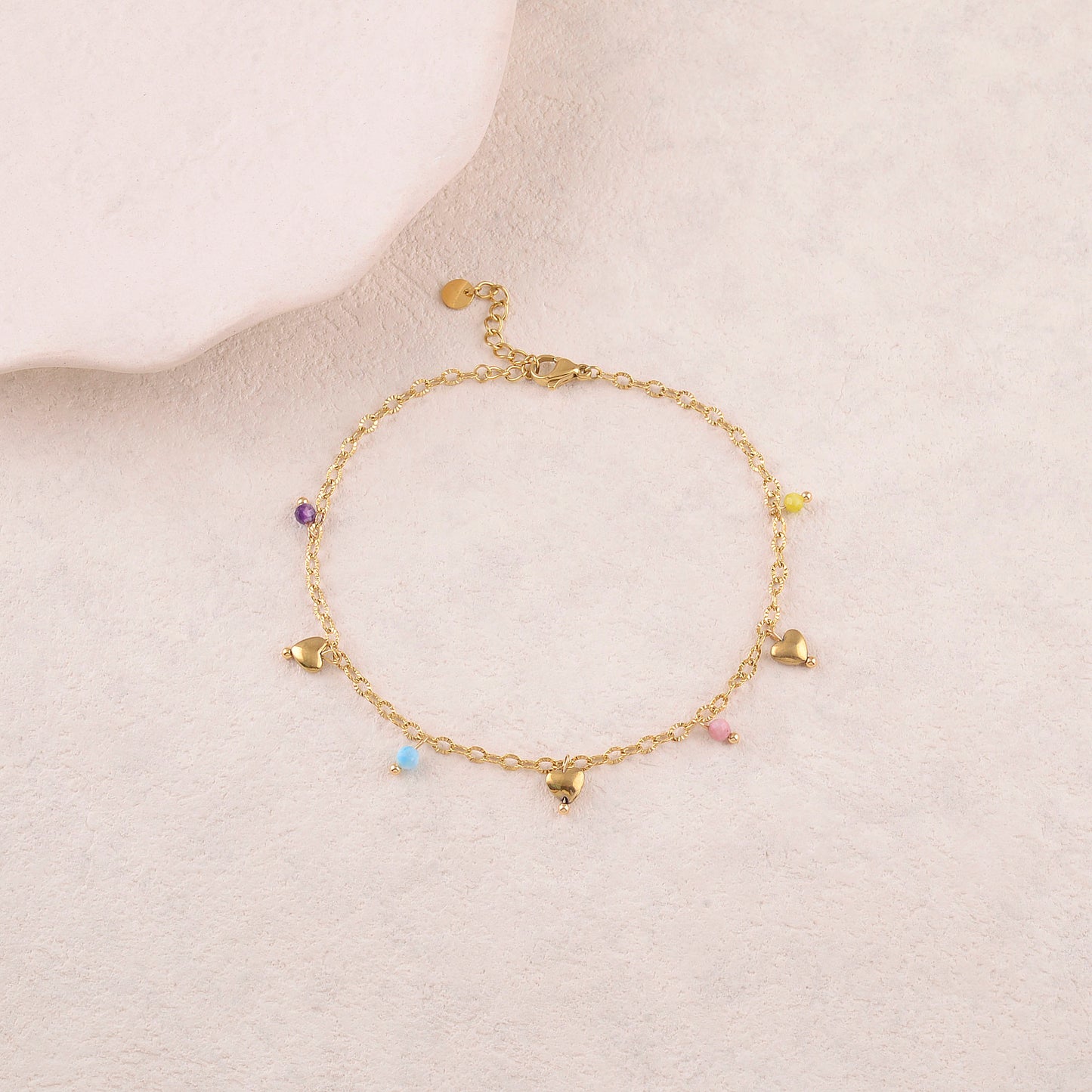 Chaine de cheville avec cœurs, pierres naturelles (22+3CM)