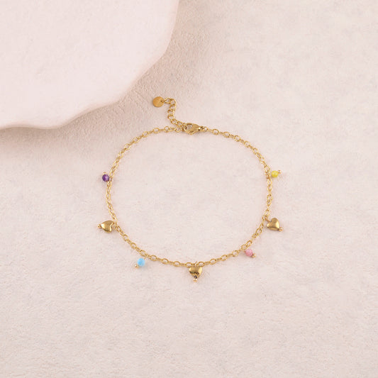 Chaine de cheville avec cœurs, pierres naturelles (22+3CM)