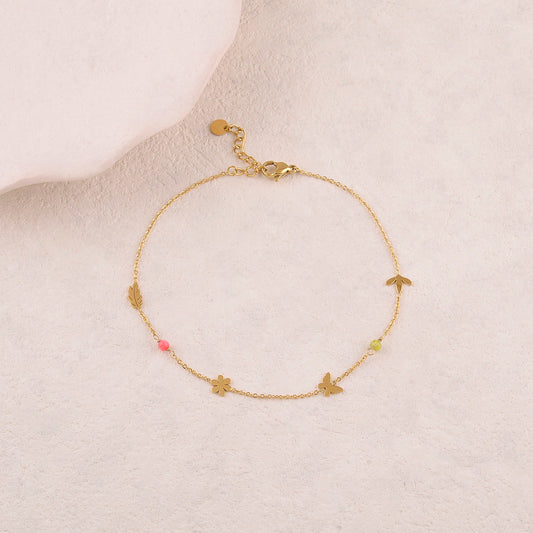 Chaine de cheville avec feuilles, fleur, papillon, pierres naturelles (22+3CM)