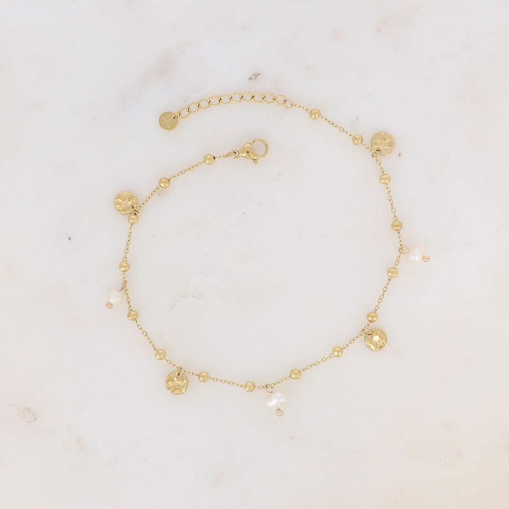 Chaine de cheville avec boules, pampilles rondes et perles d'eau douce (22+3CM)