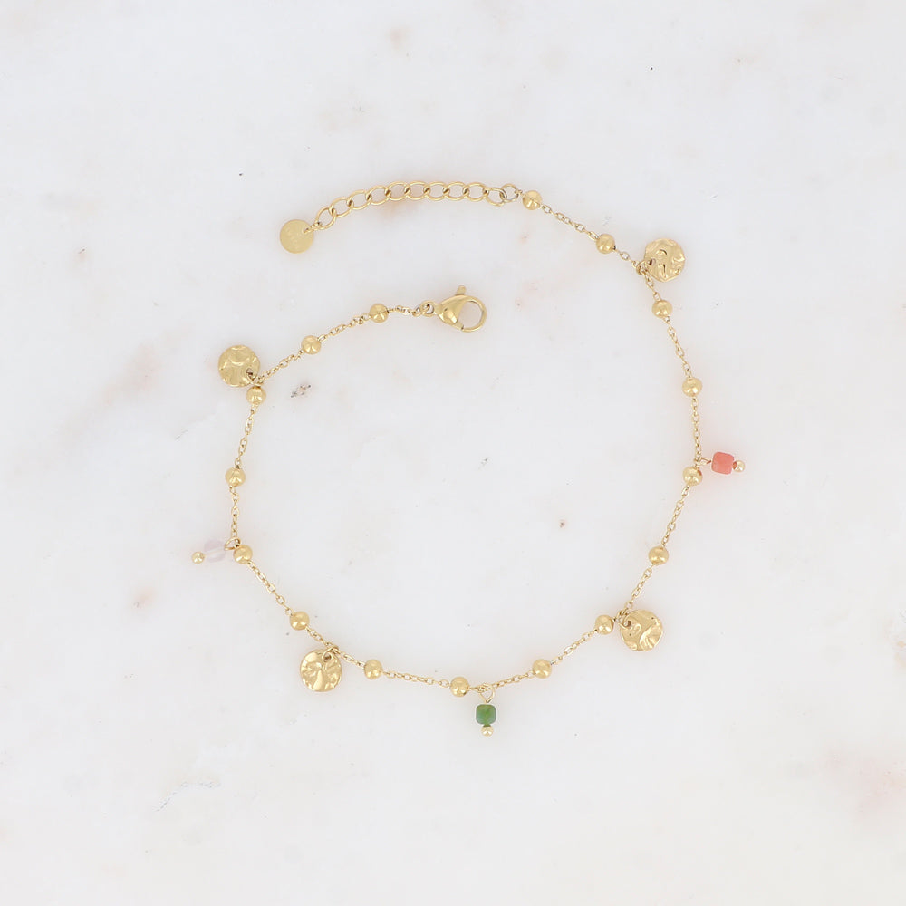 Chaine de cheville avec boules, pampilles rondes et pierres naturelles (22+3CM)