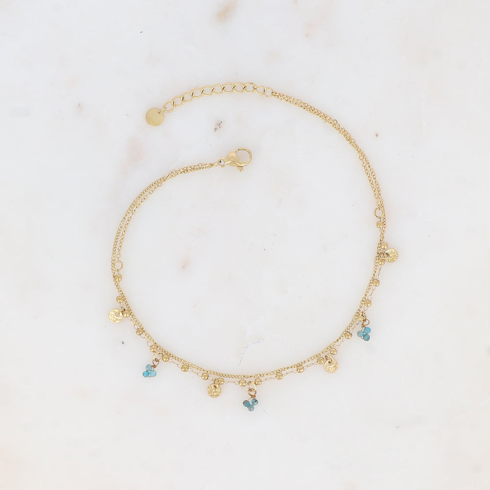 Chaine de cheville 2 rangs avec pampilles rondes, pierres naturelles (22+3CM)