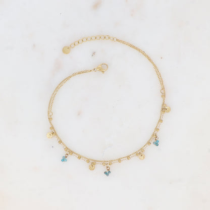 Chaine de cheville 2 rangs avec pampilles rondes, pierres naturelles (22+3CM)