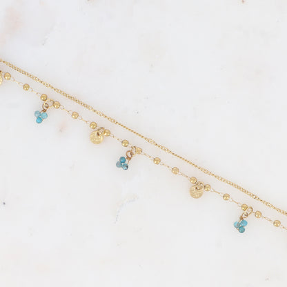 Chaine de cheville 2 rangs avec pampilles rondes, pierres naturelles (22+3CM)