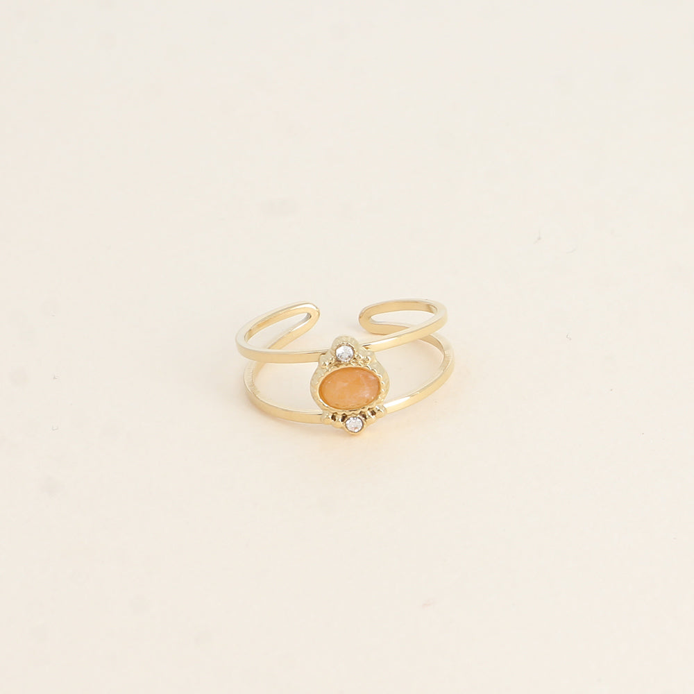 Bague - 2 anneaux, oxydes de zirconium et pierre naturelle ovale aventurine orange