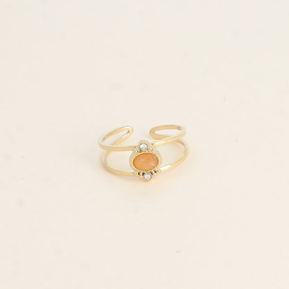 Bague - 2 anneaux, oxydes de zirconium et pierre naturelle ovale aventurine orange