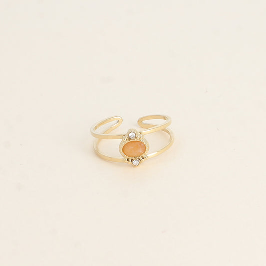 Bague - 2 anneaux, oxydes de zirconium et pierre naturelle ovale aventurine orange