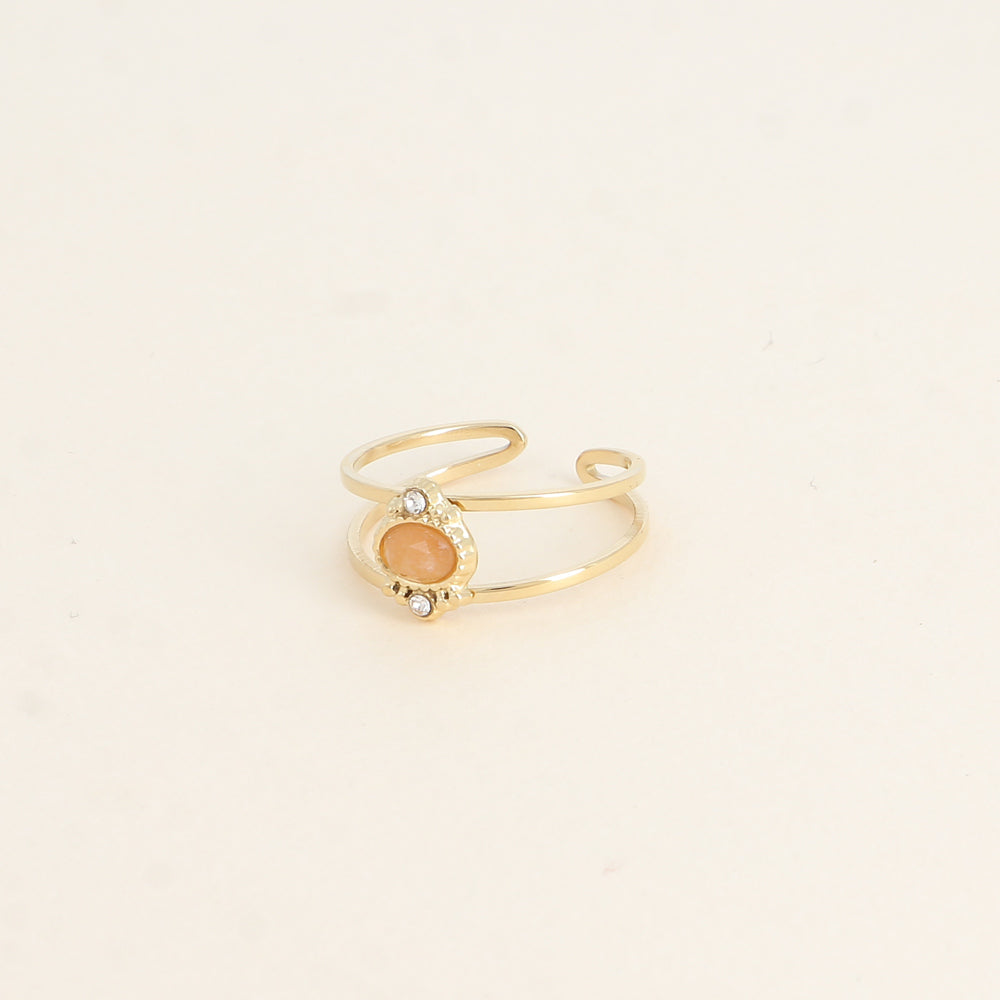 Bague - 2 anneaux, oxydes de zirconium et pierre naturelle ovale aventurine orange