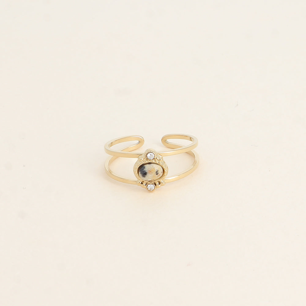 Bague - 2 anneaux, oxydes de zirconium et pierre naturelle ovale jaspe dalmatien