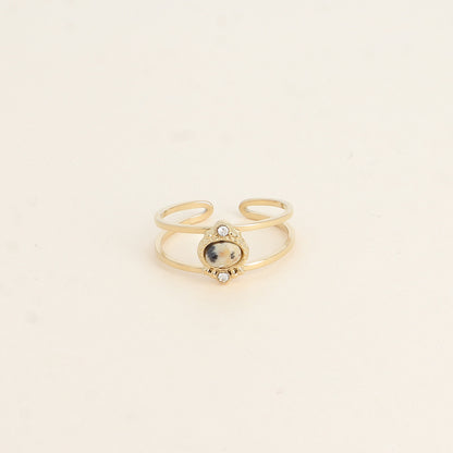 Bague - 2 anneaux, oxydes de zirconium et pierre naturelle ovale jaspe dalmatien