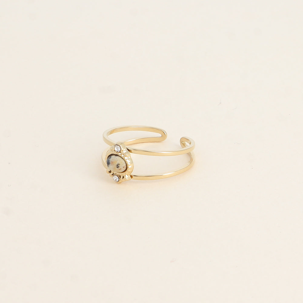 Bague - 2 anneaux, oxydes de zirconium et pierre naturelle ovale jaspe dalmatien