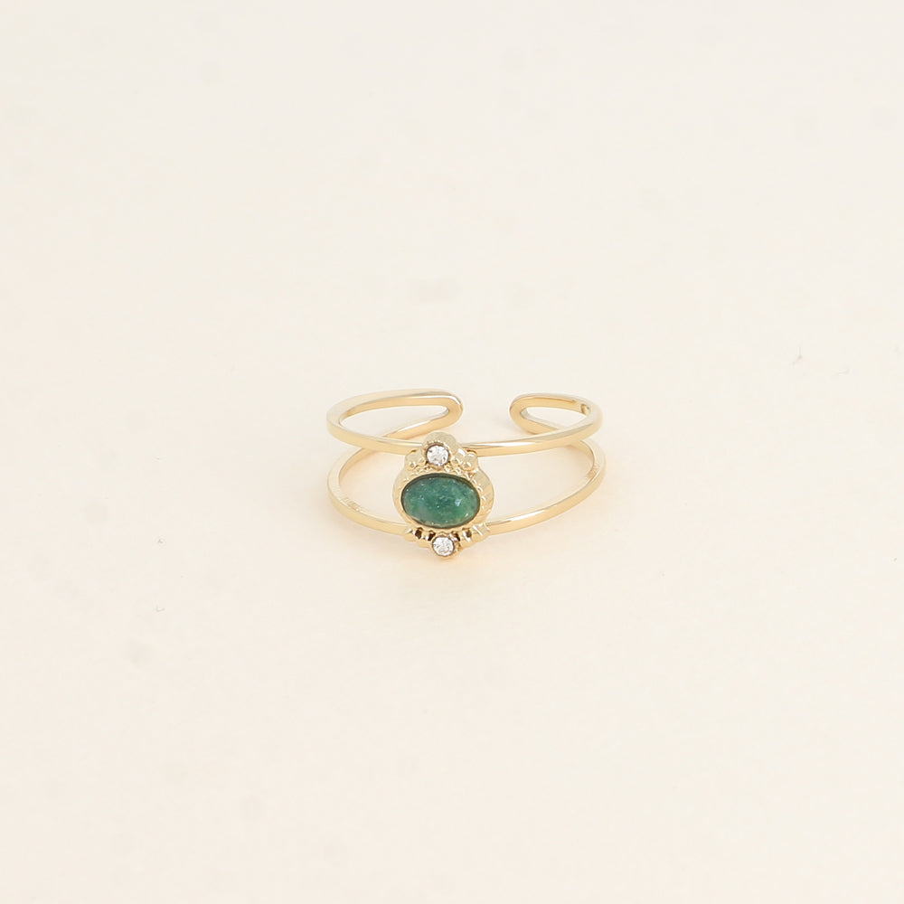 Bague - 2 anneaux, oxydes de zirconium et pierre naturelle ovale jaspe verte