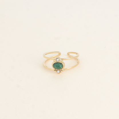 Bague - 2 anneaux, oxydes de zirconium et pierre naturelle ovale jaspe verte