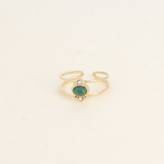 Bague - 2 anneaux, oxydes de zirconium et pierre naturelle ovale jaspe verte
