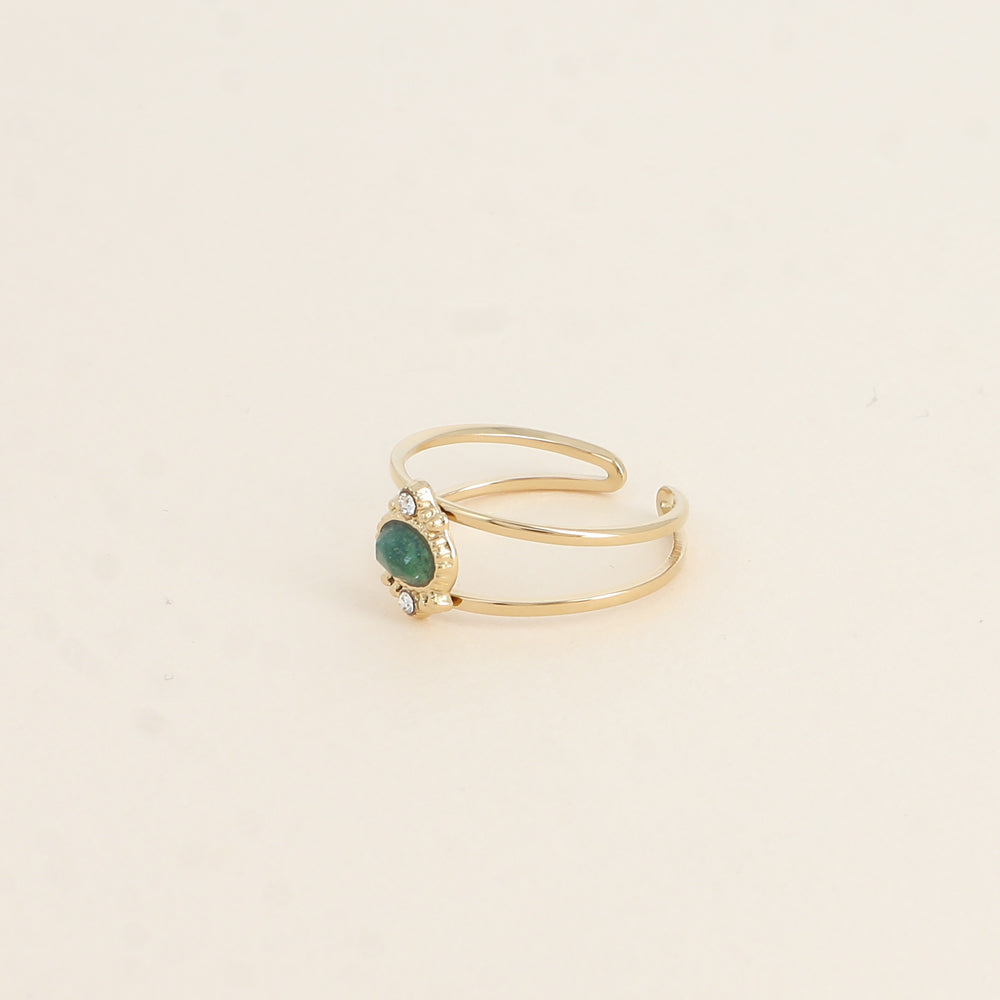 Bague - 2 anneaux, oxydes de zirconium et pierre naturelle ovale jaspe verte