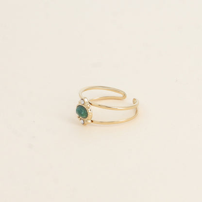 Bague - 2 anneaux, oxydes de zirconium et pierre naturelle ovale jaspe verte