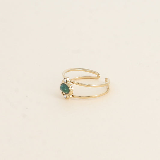 Bague - 2 anneaux, oxydes de zirconium et pierre naturelle ovale jaspe verte