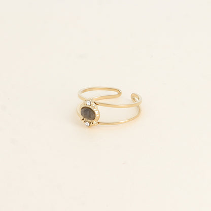 Bague - 2 anneaux, oxydes de zirconium et pierre naturelle ovale labradorite