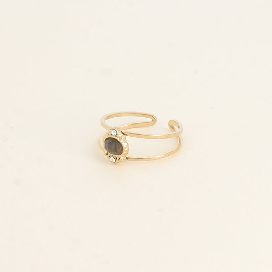 Bague - 2 anneaux, oxydes de zirconium et pierre naturelle ovale labradorite