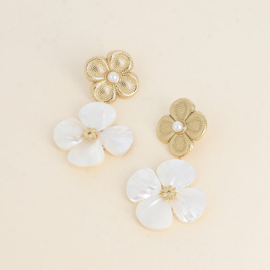 Boucles pendantes - 2 fleurs, texturée et nacrée 34x60 mm