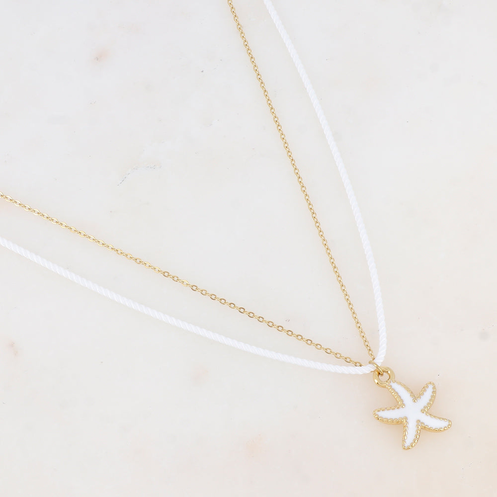 Collier deux rangs chaine et cordon coloré avec étoile de mer émaillée
