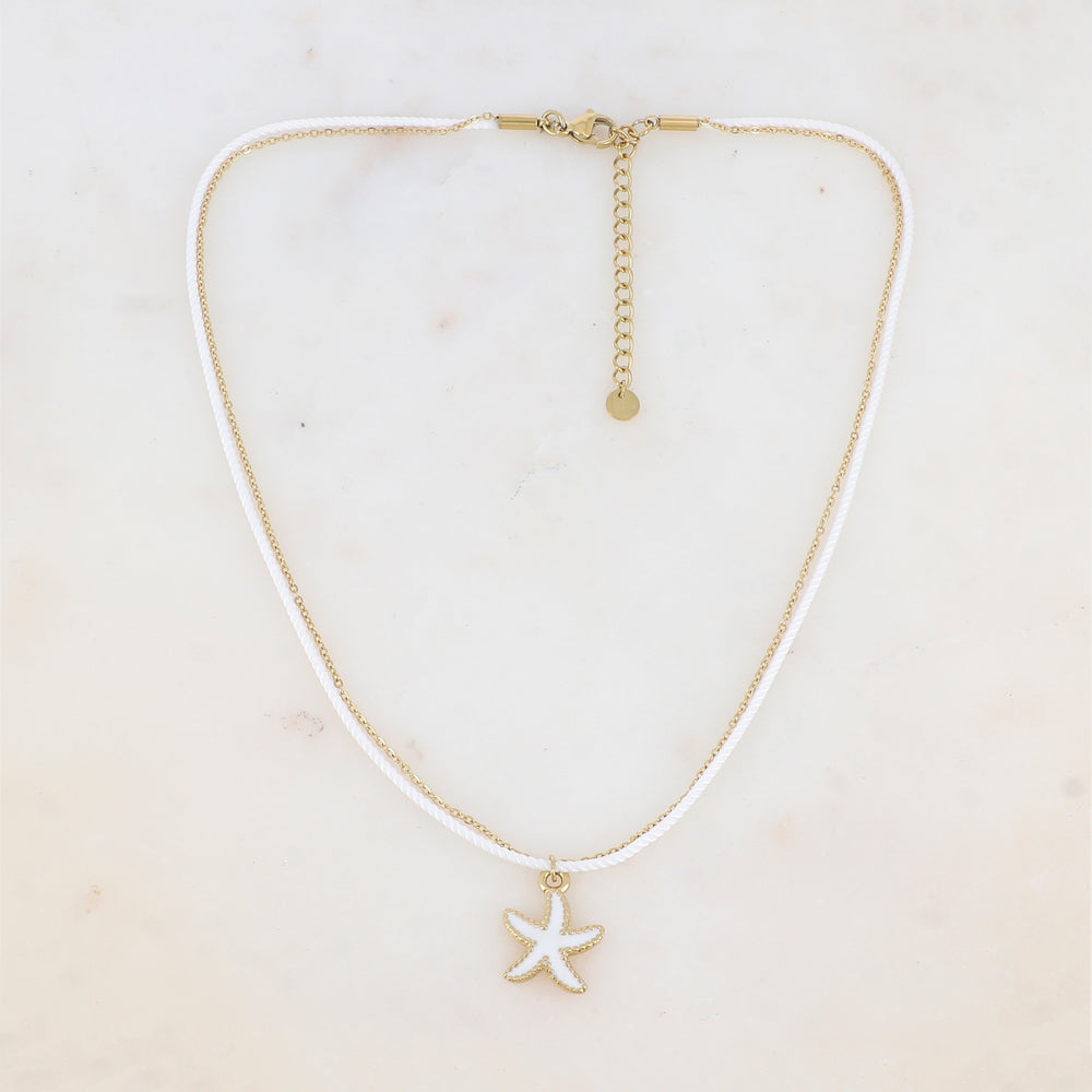 Collier deux rangs chaine et cordon coloré avec étoile de mer émaillée