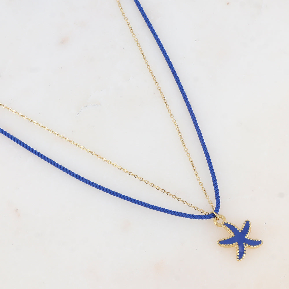 Collier deux rangs chaine et cordon coloré avec étoile de mer émaillée