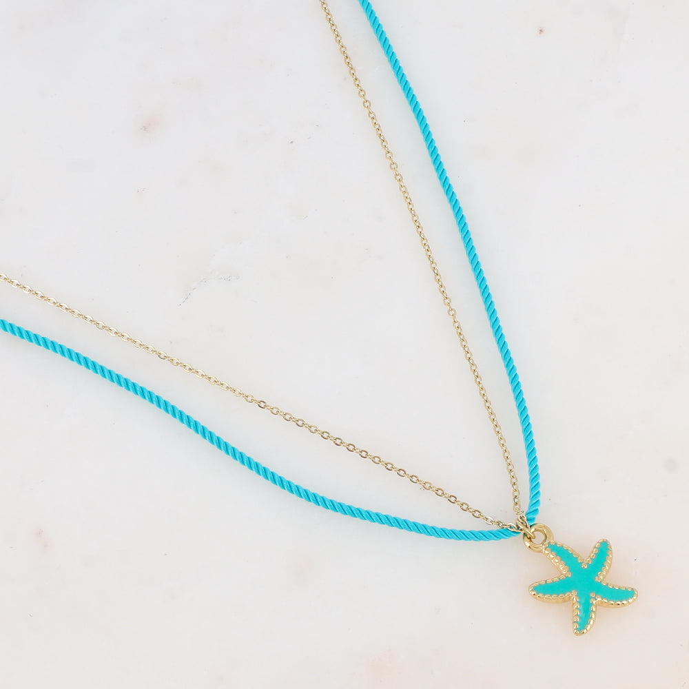 Collier deux rangs chaine et cordon coloré avec étoile de mer émaillée