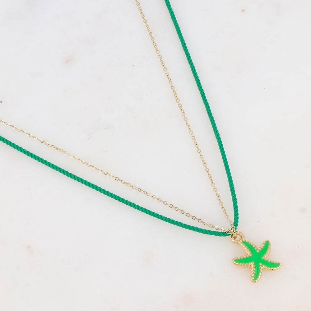 Collier deux rangs chaine et cordon coloré avec étoile de mer émaillée