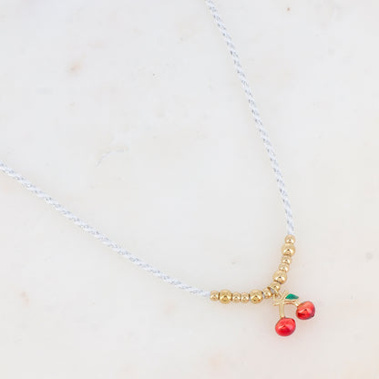 Collier sur cordon avec pampille cerises émaillée