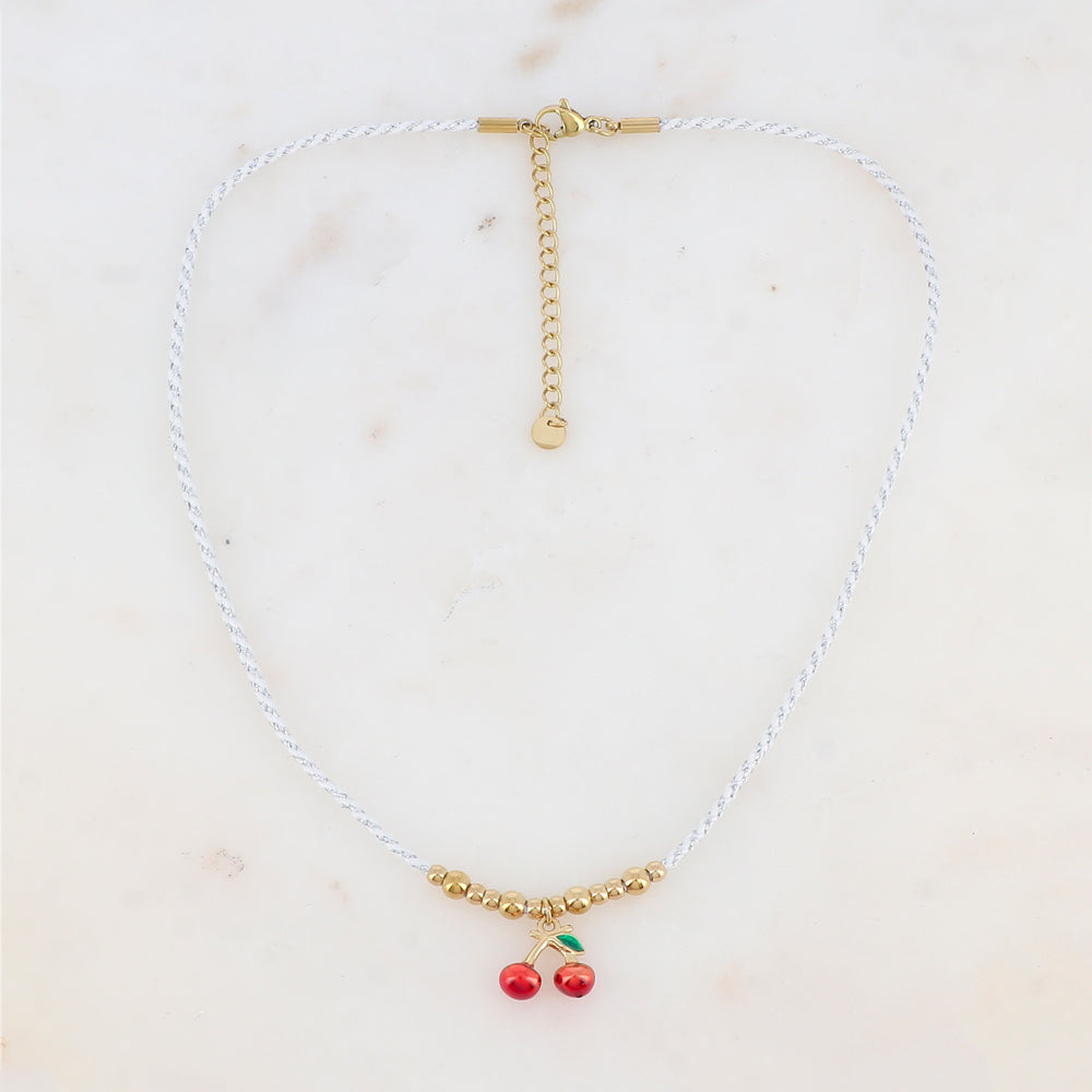Collier sur cordon avec pampille cerises émaillée