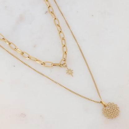 Collier double rangs en maille avec étoile et pampille ajourée (38/45+7CM)