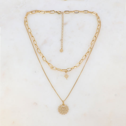 Collier double rangs en maille avec étoile et pampille ajourée (38/45+7CM)