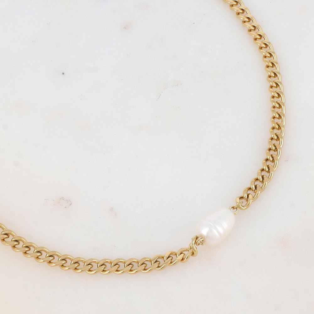 Collier en maille avec perle d'eau douce (37+7CM)