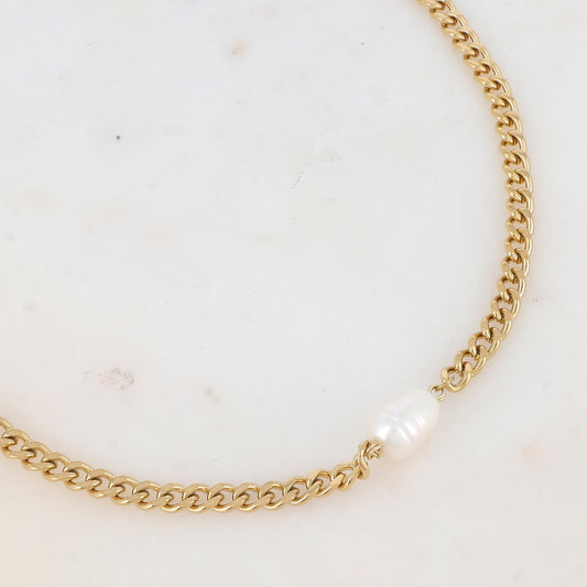 Collier en maille avec perle d'eau douce (37+7CM)
