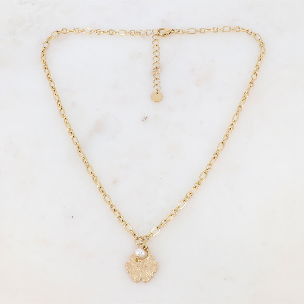 Collier en maille avec fleur et perle d'eau douce (40+5CM)