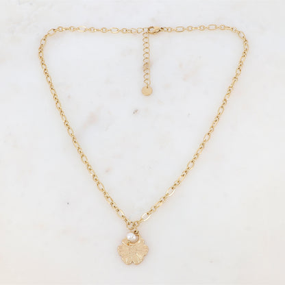 Collier en maille avec fleur et perle d'eau douce (40+5CM)