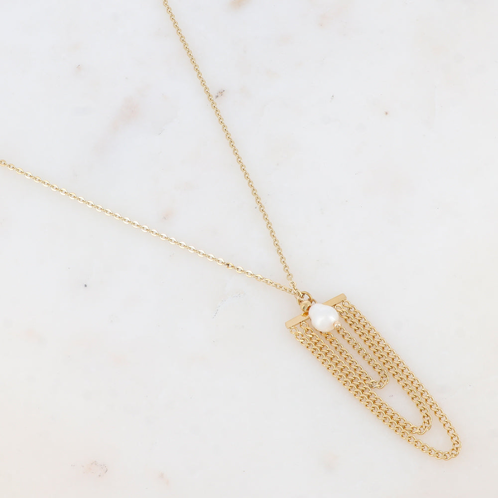Collier avec chaînes tombantes et perle d'eau douce (55+5CM)