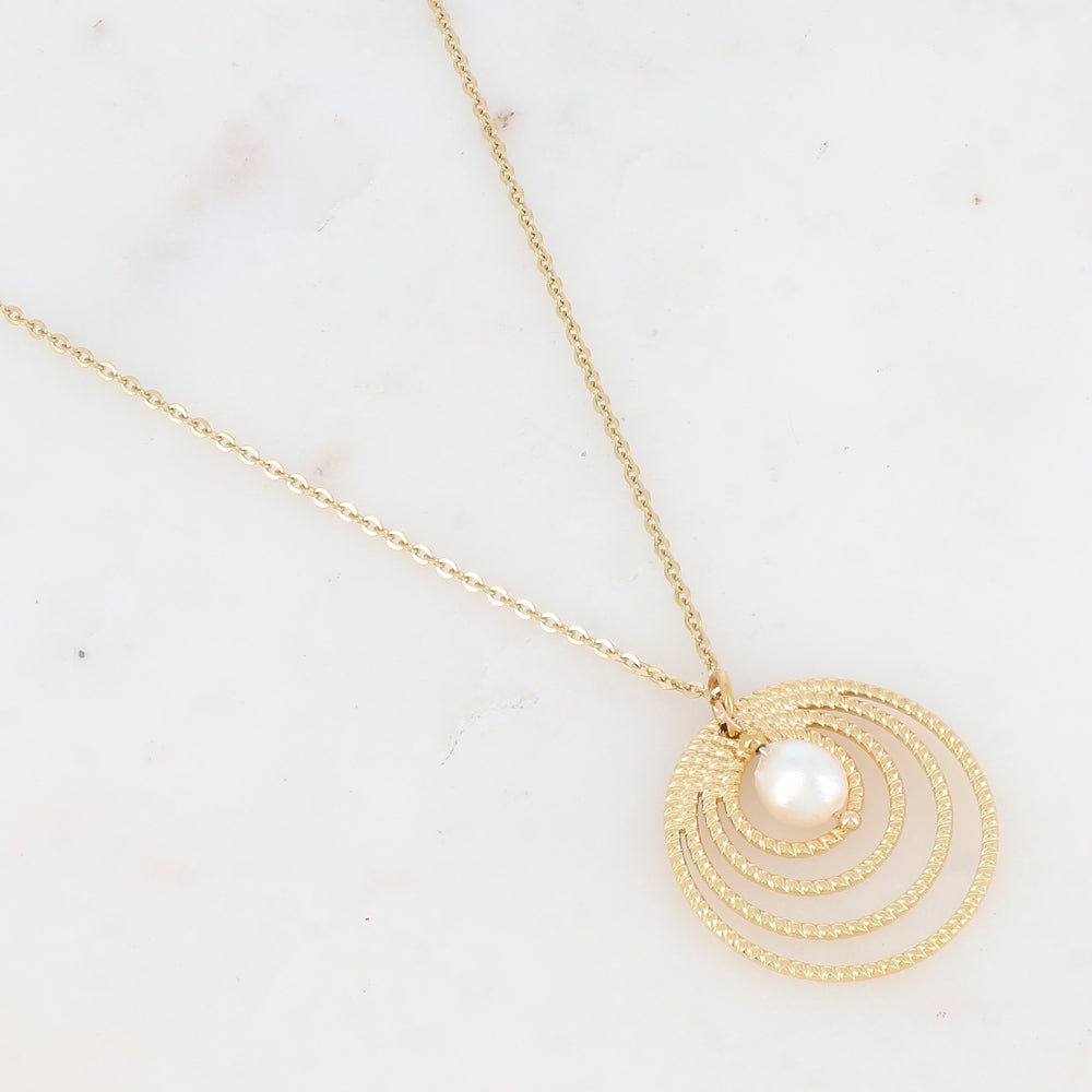 Collier avec pendentif en multi-anneaux et perle d'eau douce (55+5CM)